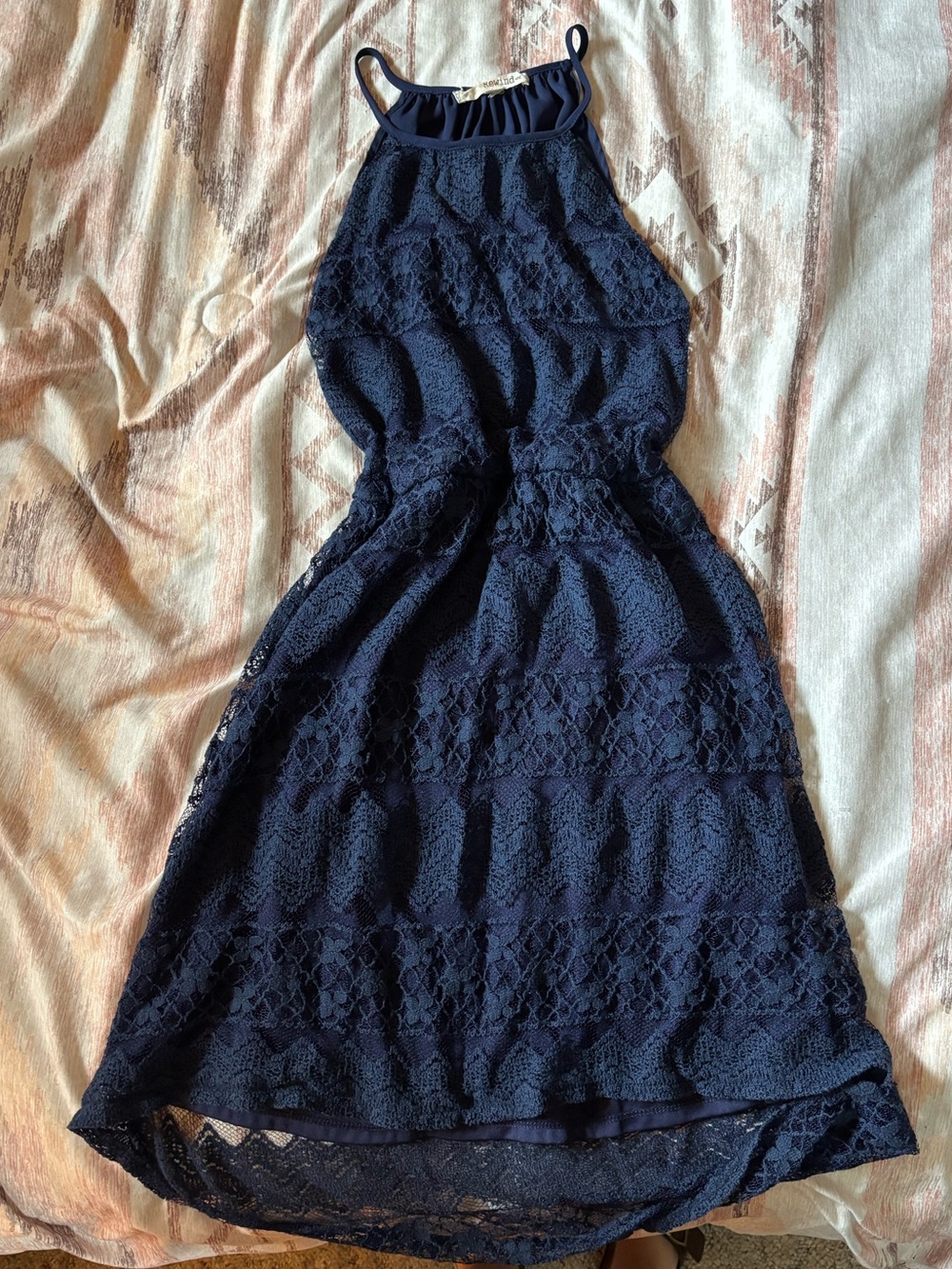 Rewind Navy Lace High-Neck Hi-Low Dress